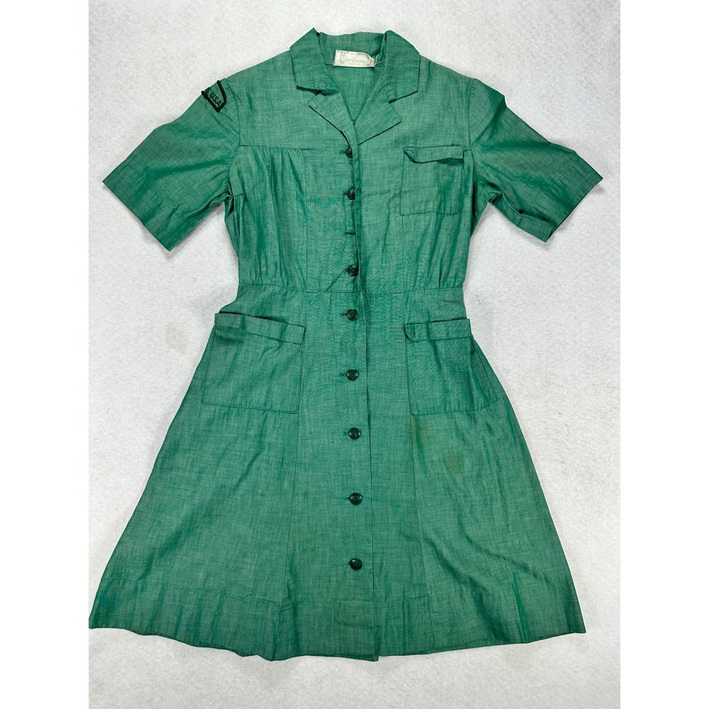 Vintage Girl Scouts USA Official Uniform Dress Green Short Sleeve Kids Pockets